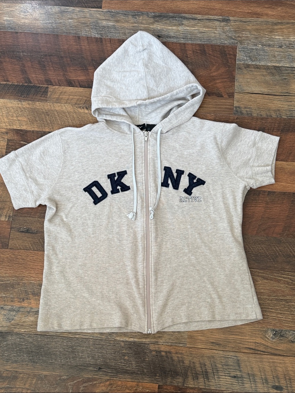 DKNY Active Oatmeal Short Sleeve Zip Hoodie XL Y2K Varsity Logo
